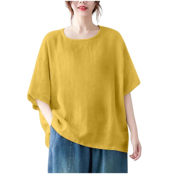 Vestidos Casuales Para Mujer, Blusas De Mujer De Moda Blusa de mujer de color liso de imitación de lino con hombros descubiertos, manga corta, cuello redondo y dobladillo con abertura