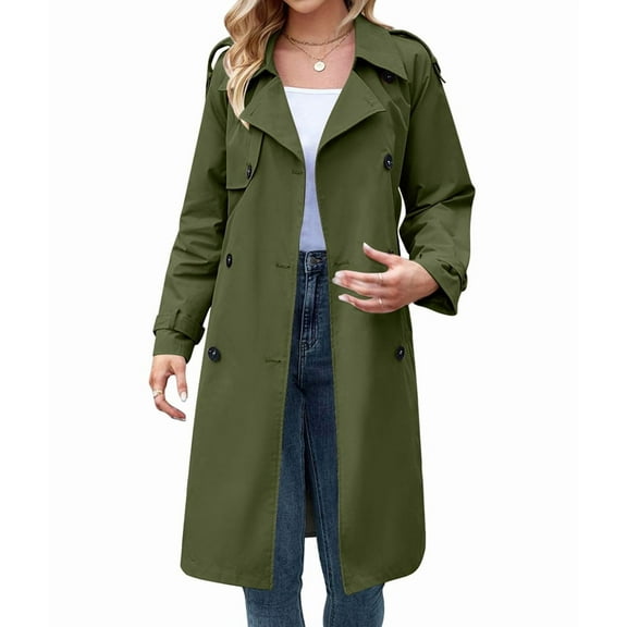 Women'S Double Breasted Long Trench Coat Windproof Classic Lapel Slim Overcoat with Belt Olive Green L
