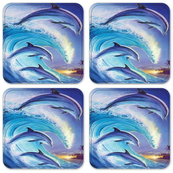 Vinyl Drink Coasters - Set of 4 - Dolphins in the Wave