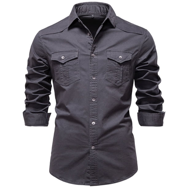 pstuiky Camisas de invierno de manga larga para hombre, Blusa informal de manga larga con botones y parches lisos para hombre camisetas de hombre l