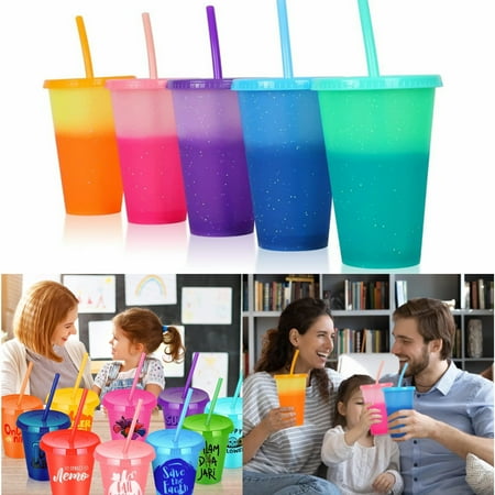 

Gixusil Reusable Plastic Color Changing Cups with Straws & Lids - 50 Pcs 16oz Cold Iced Coffee Drinking Cup Colorful Straw Tumblers Bulk - Cute Durable Travel Party Cup