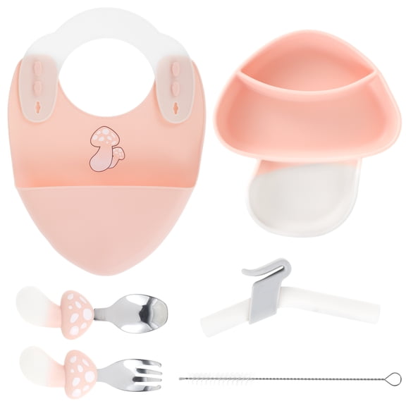 BUTORY 6Pcs Silicone Baby Feeding Set Mushroom Baby Led Weaning Set Reusable Baby Tableware Set with Adjustable Bib Divided Suction Plate Spoon Fork Straw Brush Straw Dishwasher Safe for Baby Toddler