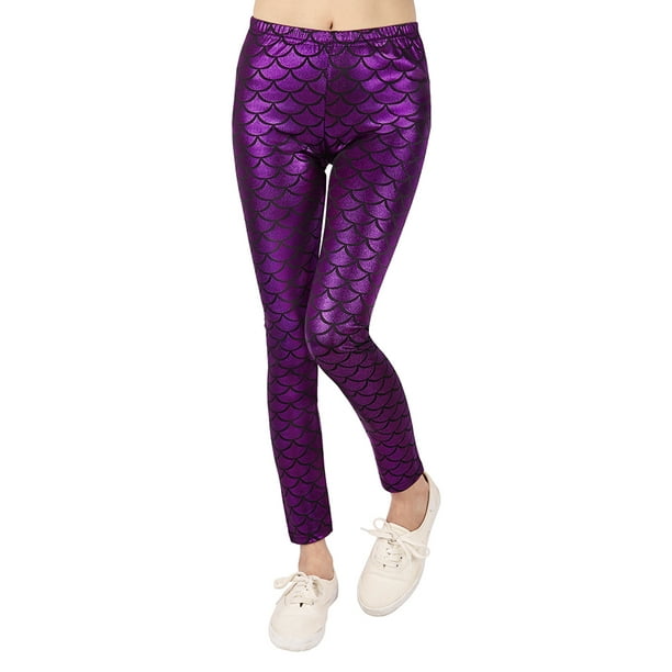 HDE Girl's Shiny Fish Scale Mermaid Leggings Metallic Costume Tights  (4T-12) (Purple, Large) 