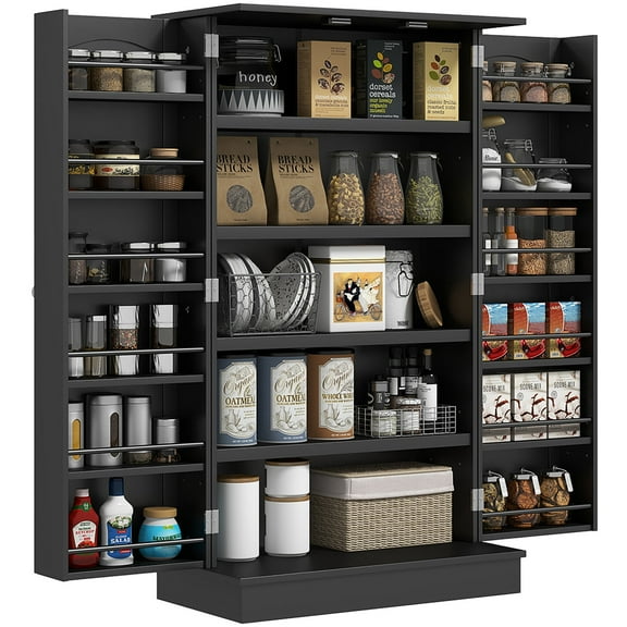 Dining Room Server HOMCOM 41" Kitchen Pantry Storage Cabinet, Freestanding Kitchen Cabinet with 12 Door Shelves, Double Doors, 5-tier Shelving and Adjustable Shelves, Black,Sideboard For Dining Room