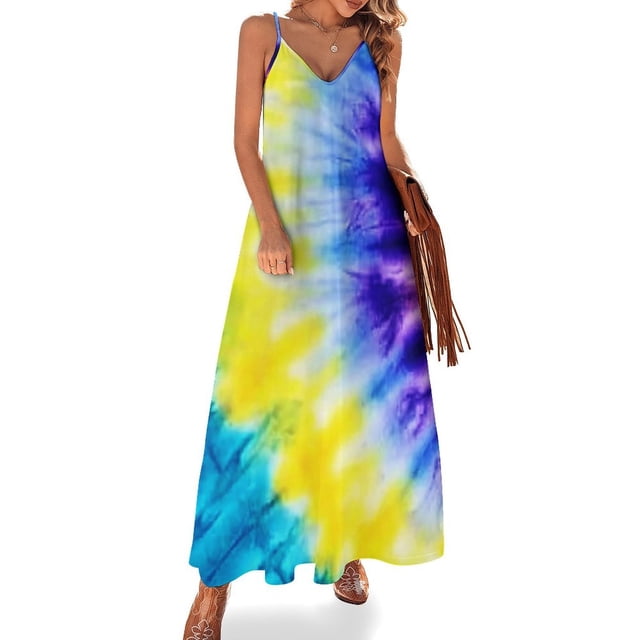 Vestido hippie teñido anudado, retro psicodélico, kawaii, maxivestido con tirantes, elegante, bohemio, para playa, largo, de verano, con cuello en V, de gran tamaño