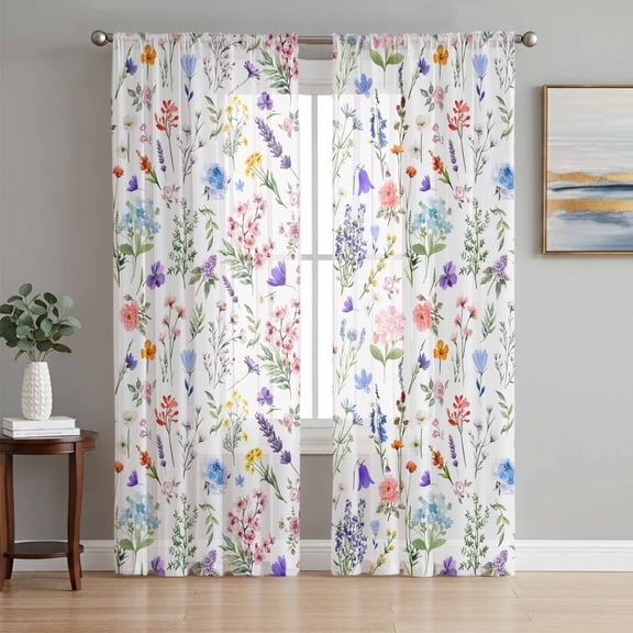 Sheer Curtains 108 Inches Long 2 Panels Set for Living Room, Botanical Flowers Semi Sheer Curtains for Windows, Watercolor Floral Plants Country Voile Window Treatments Rod Pocket Curtain