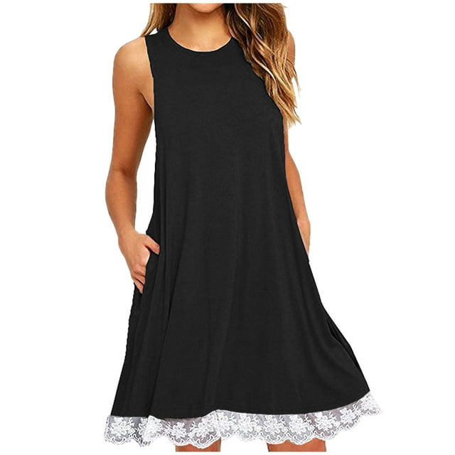 AherBiu Robes d'Été pour Femmes T-Shirt en Dentelle Basique Robe Courte d'Été Tunique Confortable avec Poches
