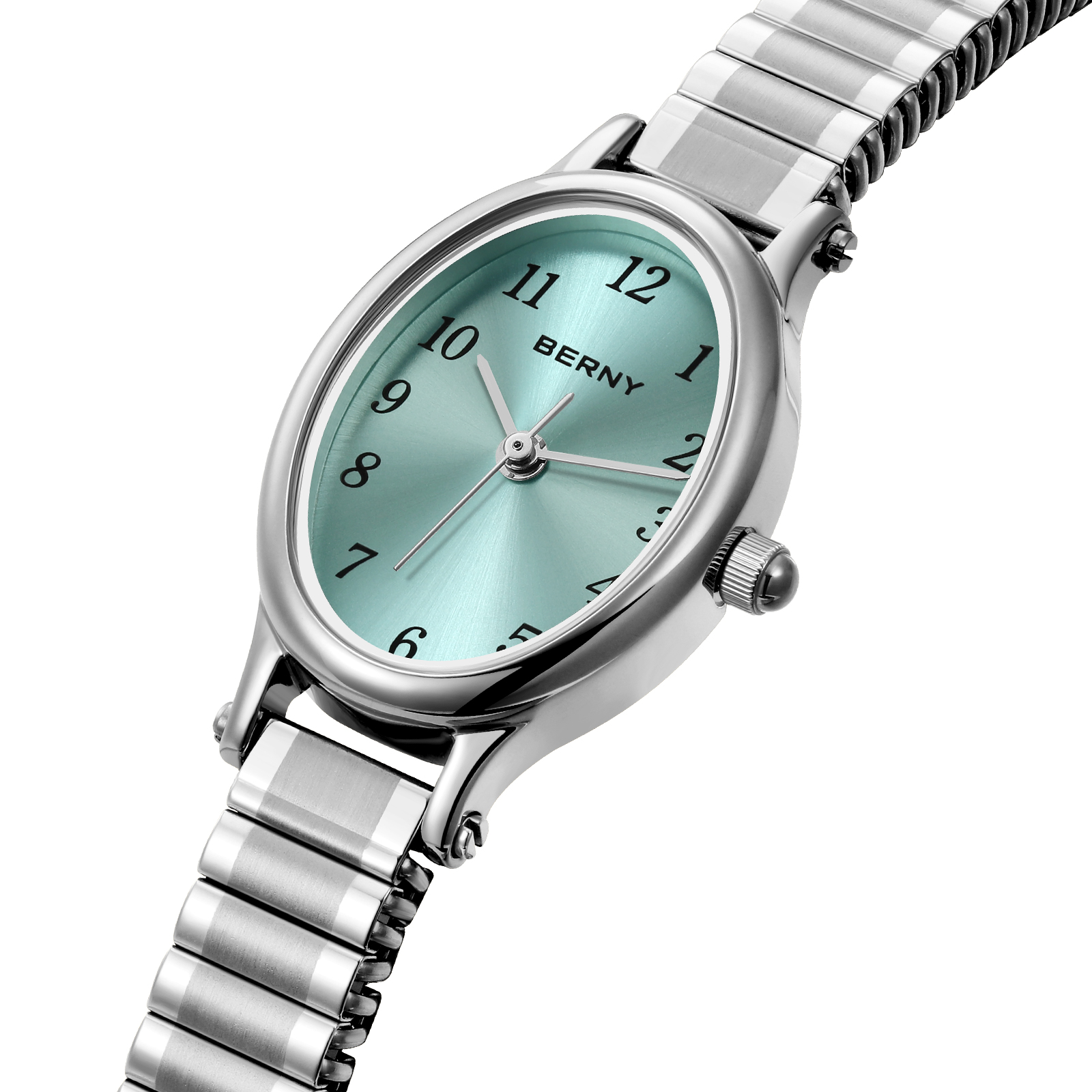 BERNY Small Silver Watches for Women, Dainty Luxury Oval Dial, Expansion Band Watch, Fashion Ladies Analog Quartz Watch, Waterproof Women Wristwatch Gifts, Light Blue