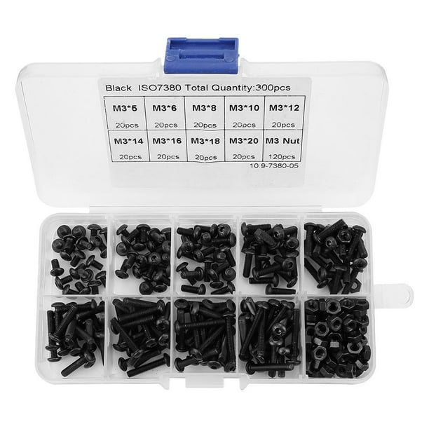 Tebru Bolt and Nut Assortment, Bolts,300pcs M3 Black 10.9 Grade Button Head Hex Socket Screw