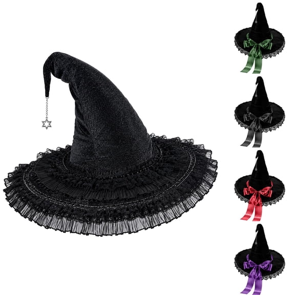 Hkoxplj Lace Tulle Witch Hat for Women Vintage Gothic Halloween Costume Hat Wide Brim Pearl Beaded Bow Hat with Star Charm Pendant Pointed Top Velvet Hat for Party Cosplay Photoshoot