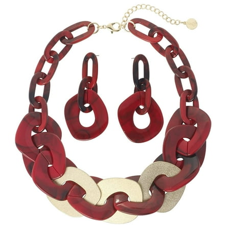 BOCAR Statement Chunky Necklace Metal Punk Acrylic Cuban Link Chain Necklaces Bohemian Tortoise Shell Acrylic Resin Chain Link(N0090-Red)