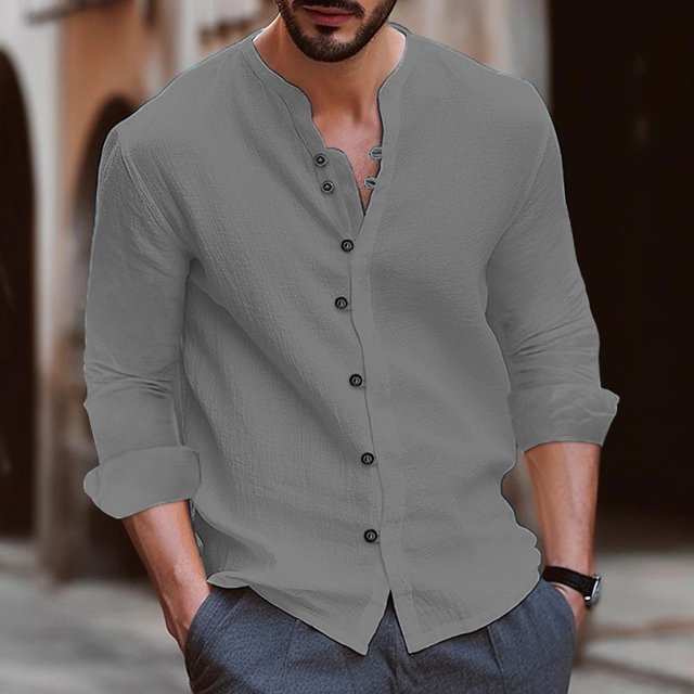 Camisa casual retro de manga larga con botones de lino y algodón de color sólido