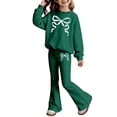 thumbnail image 4 of Girls 2 Piece Pants Set Bow Print Casual Girl Clothes Girls 2 Piece Outfits Size 6 Long Sleeve Sweatshirt with Flare Leg Pants(Size 8-9 Years,Dark Green), 4 of 4