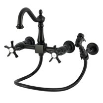 Kingston Brass KS1260NXBS Hamilton Double-Handle Wall-Mount Bridge Kitchen Faucet with Brass Sprayer, Matte Black