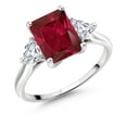 thumbnail image 3 of Gem Stone King 10K White Gold Red Created Ruby and White Created Sapphire 3 Stone Engagement Ring for Women (3.44 Cttw, Emerald Cut 9X7MM, Gemstone July Birthstone, Size 6), 3 of 5