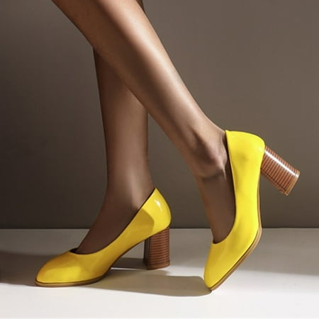 

Cathalem Size 11 Wide Heels Ladies Fashion Solid Color Bright Leather Pointed Shallow Mouth Thick Platform Work Shoes for Women Yellow 8