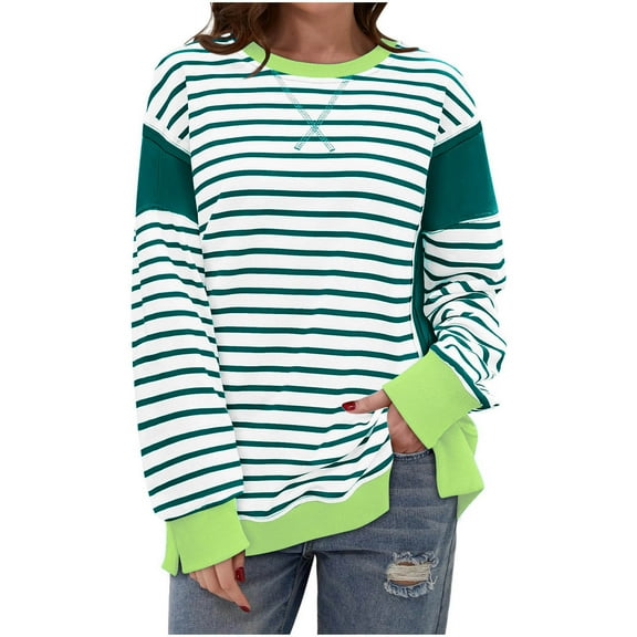 Npasoilc Sweatshirts for Women Fall Winter Trendy Long Sleeve Round Neck Side Slit Comfort Pullover Blouse Tops Striped Color Block Casual Loose Hoodless Hoodies