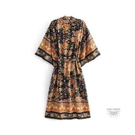 

Black Floral Pony Print Boho Kimono Robe
