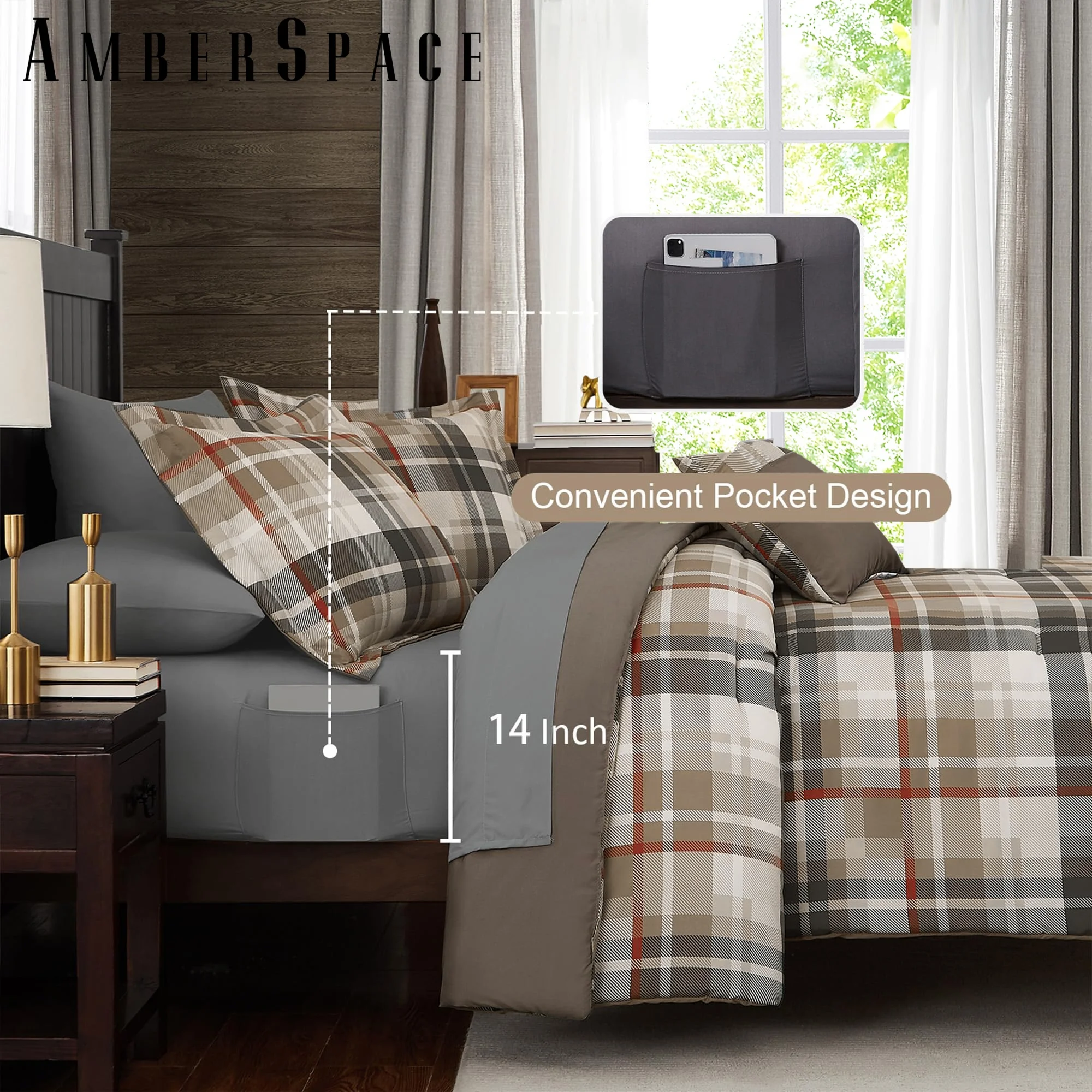 Amberspace Plaid Design 7-piece Bed in a Bag Comforter Set with Sheets,Khaki,Full