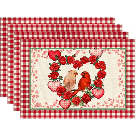 Plaid Roses Flowers Love Hearts Cardinal Valentine's Day Round Placemats Set of 4 Table Mats for Party Home Kitchen Dining Table Decorations 14x14 Inch