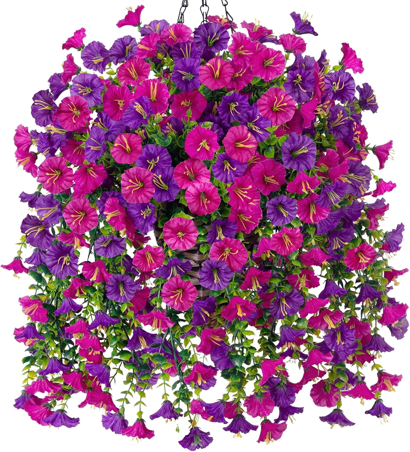 Twfbrm Artificial Hanging Flowers for Outdoor, 30" Long Realistic Silk Morning Glory with Eucalyptus, UV Resistant Look Real Faux Plants Spring Summer Decorations for Porch Patio Balcony Garden