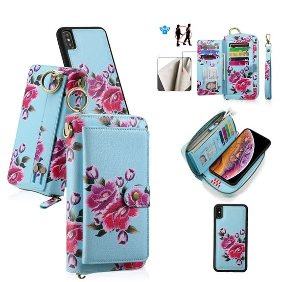 For iPhone XR Case with RFID Blocking Card Slots and Wrist Strap,[Compatible with MagSafe] PU Leather Zipper Pocket Magnetic [Detachable Wallet] Flip Kickstand Cover with Ring Hook,Skyblue