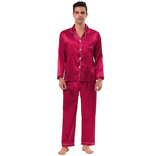 Conjuntos de pijama de satén para hombre, manga larga, con botones, ropa de dormir, ropa de dormir, pijamas rojo S