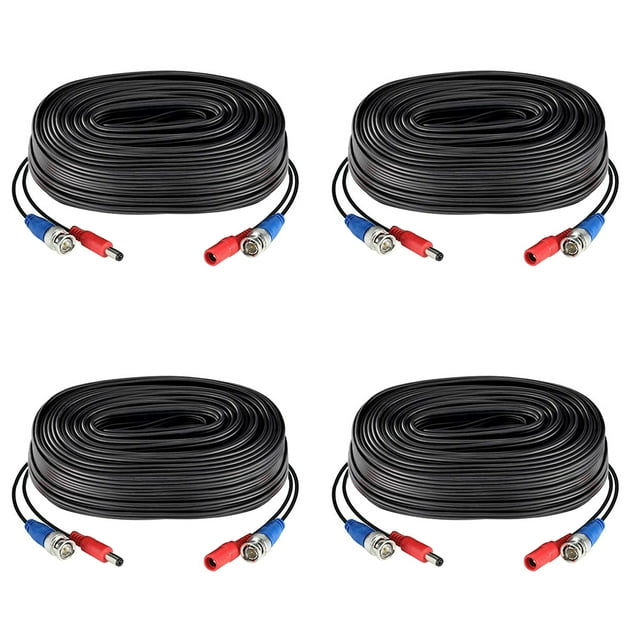 Cable de alimentación de video CCTV 2 en 1, cable de extensión BNC para cámaras de vigilancia de seguridad del hogar, sistema DVR, color negro, 60 pies/18,3 m, paquete de 4