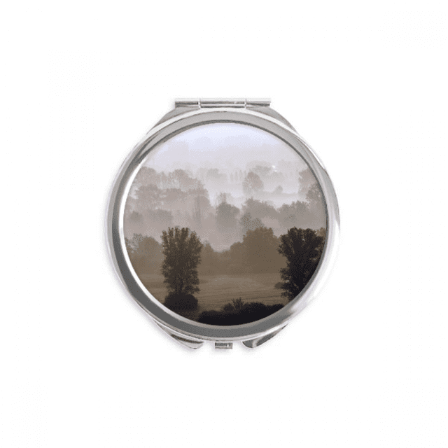 Miroir Compact Rond Portable de Poche en Verre Forêt Matin Prairie Brouillard Soleil