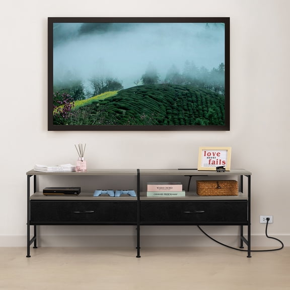 55" Grey TV Stand with Charging Station, Media Console with 2 Fabric Drawers & Open Shelves, Industrial Entertainment Center for Living Room