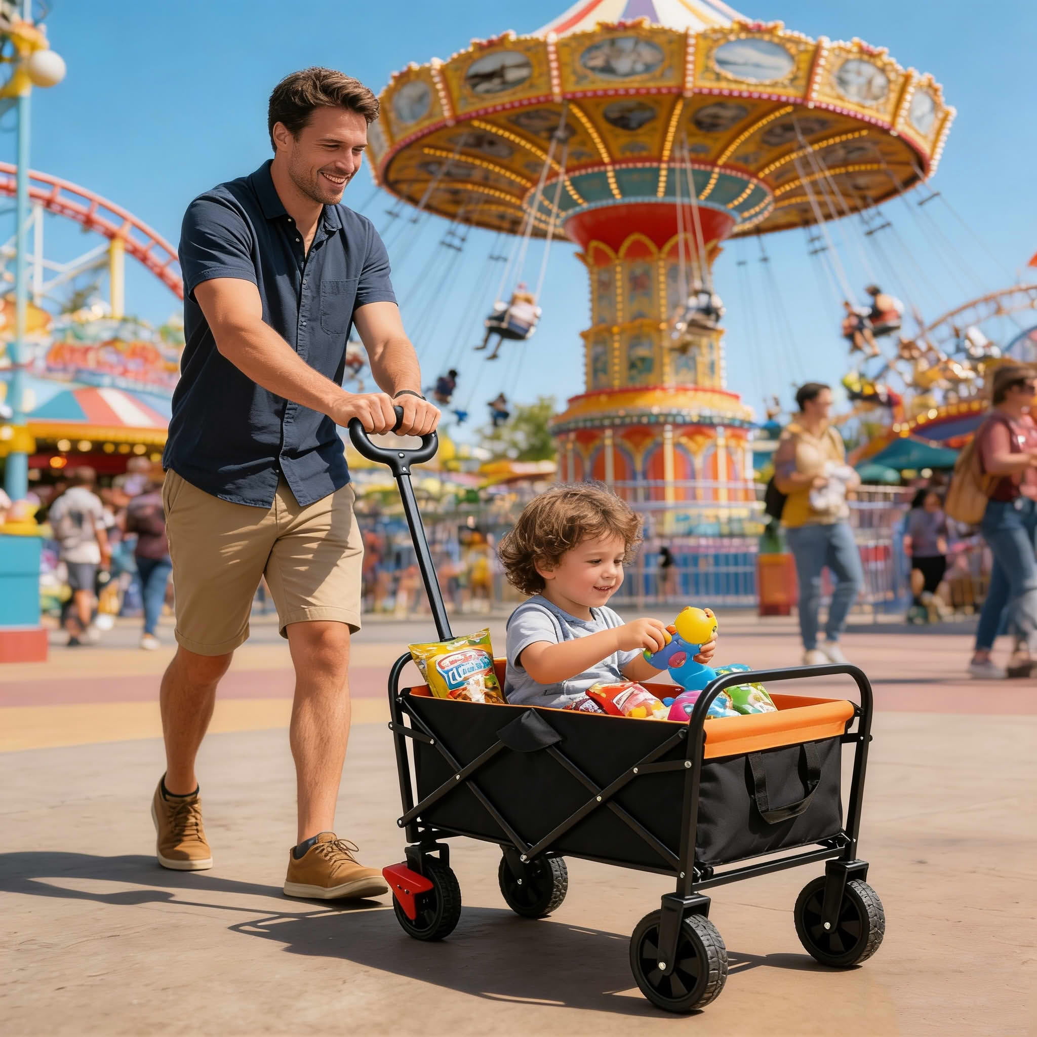 MAYEERTY Mini Folding Wagon Cart, 150LBS Brake, 600D Oxford Steel Frame, Black-Orange for Garden Beach Shopping