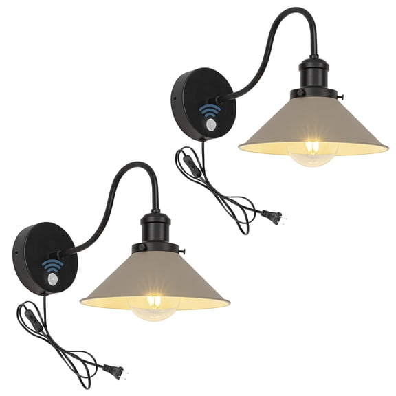KAYYELAMP 2Pcs Motion Sensor Retro Minimalist Style Wall Sconce UL Plug-in Cord Black Gooseneck With Khaki Iron Shade Wall Light Fixture For Entrance Hallway Toilet Stairs