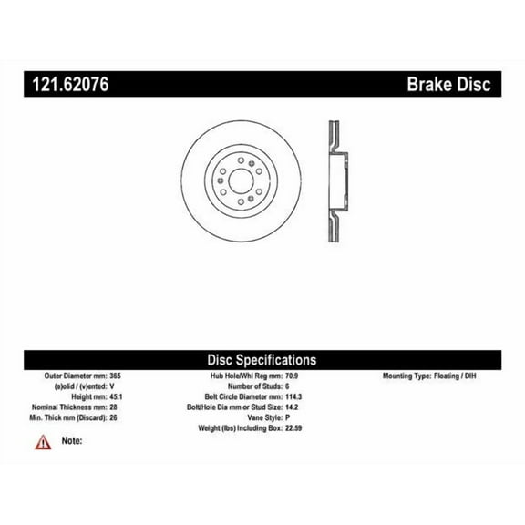Centric Parts Disc Brake Rotor P/N:121.62076 Fits select: 2006-2011 CADILLAC STS, 2004-2005 CADILLAC CTS