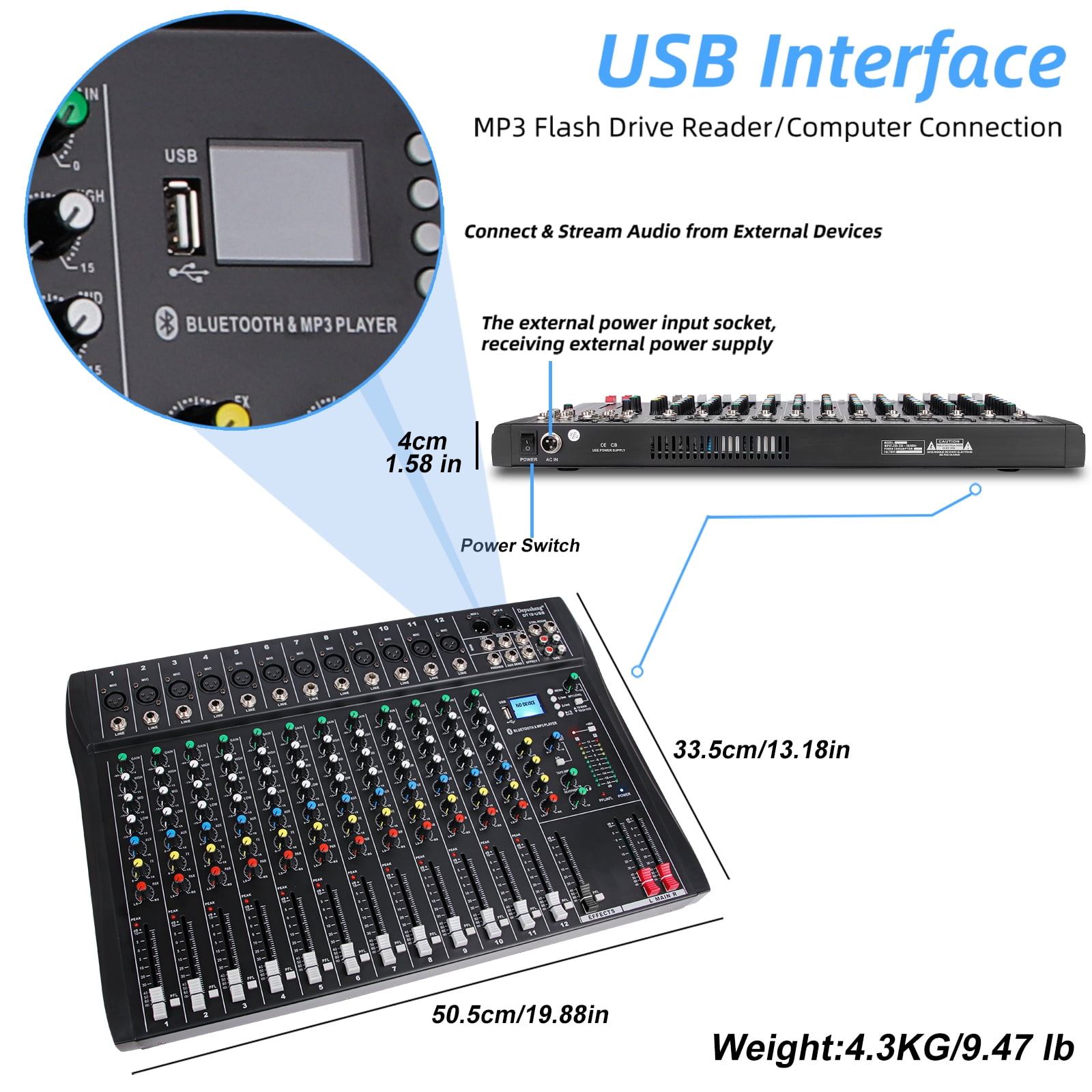 Depusheng DT12 Professional Audio Mixer 12 Channel DJ Sound Controller Interface w/USB Drive for Computer Recording Input, XLR Microphone Jack, 48V Power, RCA Input/Output