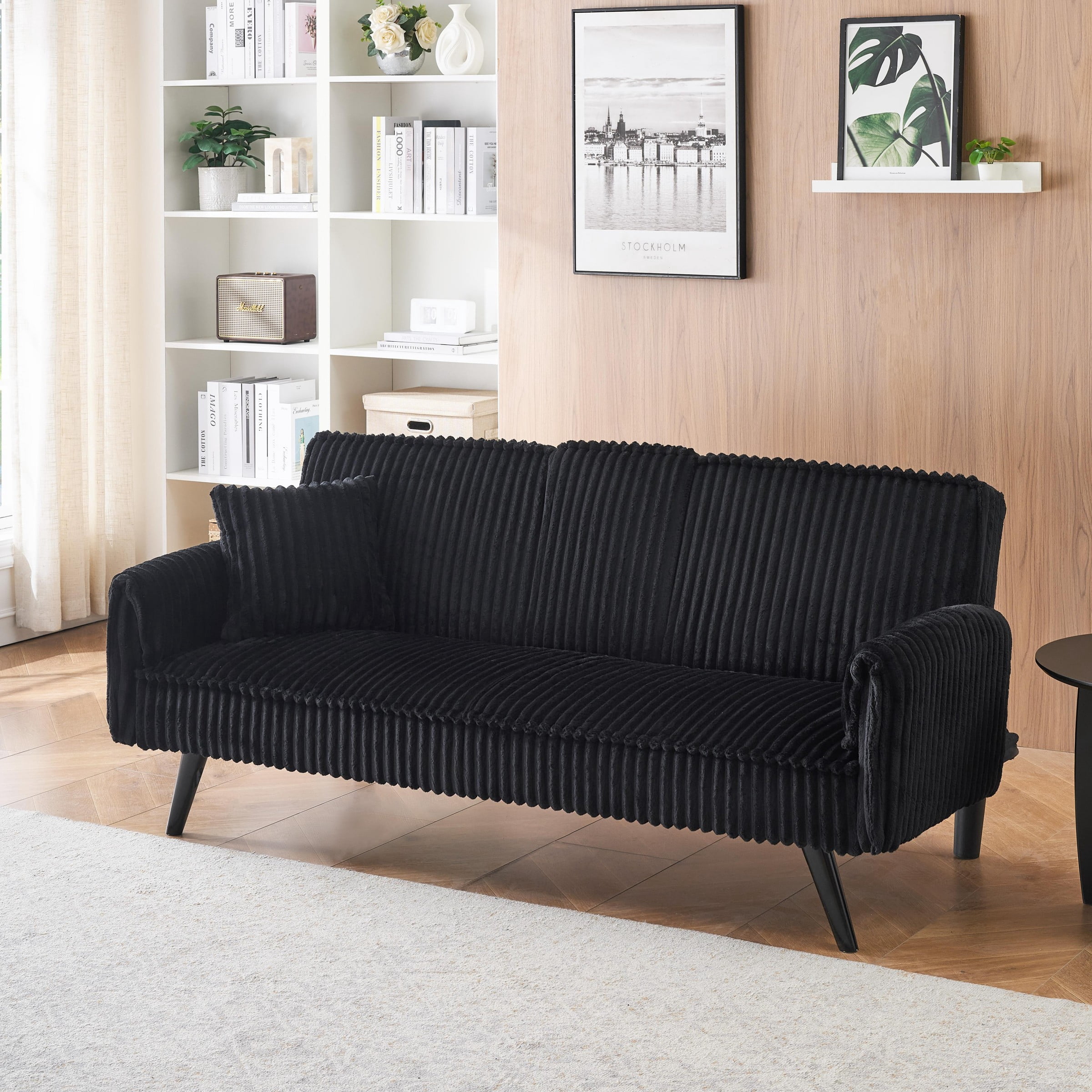 Jopath Modern Corduroy Futon Sofa Bed,Convertible Loveseat Sleeper Sofa Couch with Adjustable Backrest & Cup Holder for Living Room,White