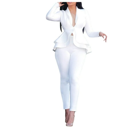 

wofedyo Scrubs For Women Set Solid V-Neck Ruffles Patchwork Long Sleeve Coat Pants Suit Piece Outfits For Women Hoodies For Women