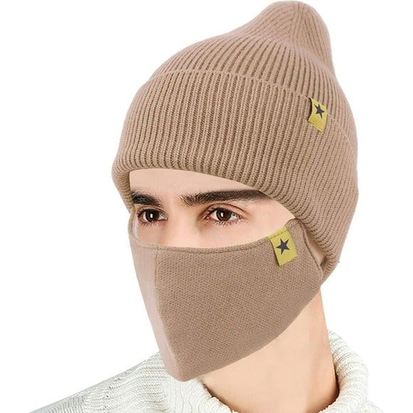 2-Pieces Winter Beanie Hat Face Mask Set Winter Knit Skull Cap Hat Adjustable Face Mask Beanie for Men Women Khaki