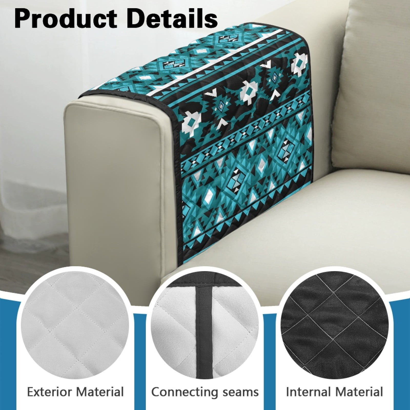 TSOVTHRID Blue Aztec Tribal Geometric Print Arm Rest Cover for Sofa with 2 Pockets Dustproof Chairs Arm Covers Anti-scratch Furniture Protector for Pet Dog Cats Easy to Install