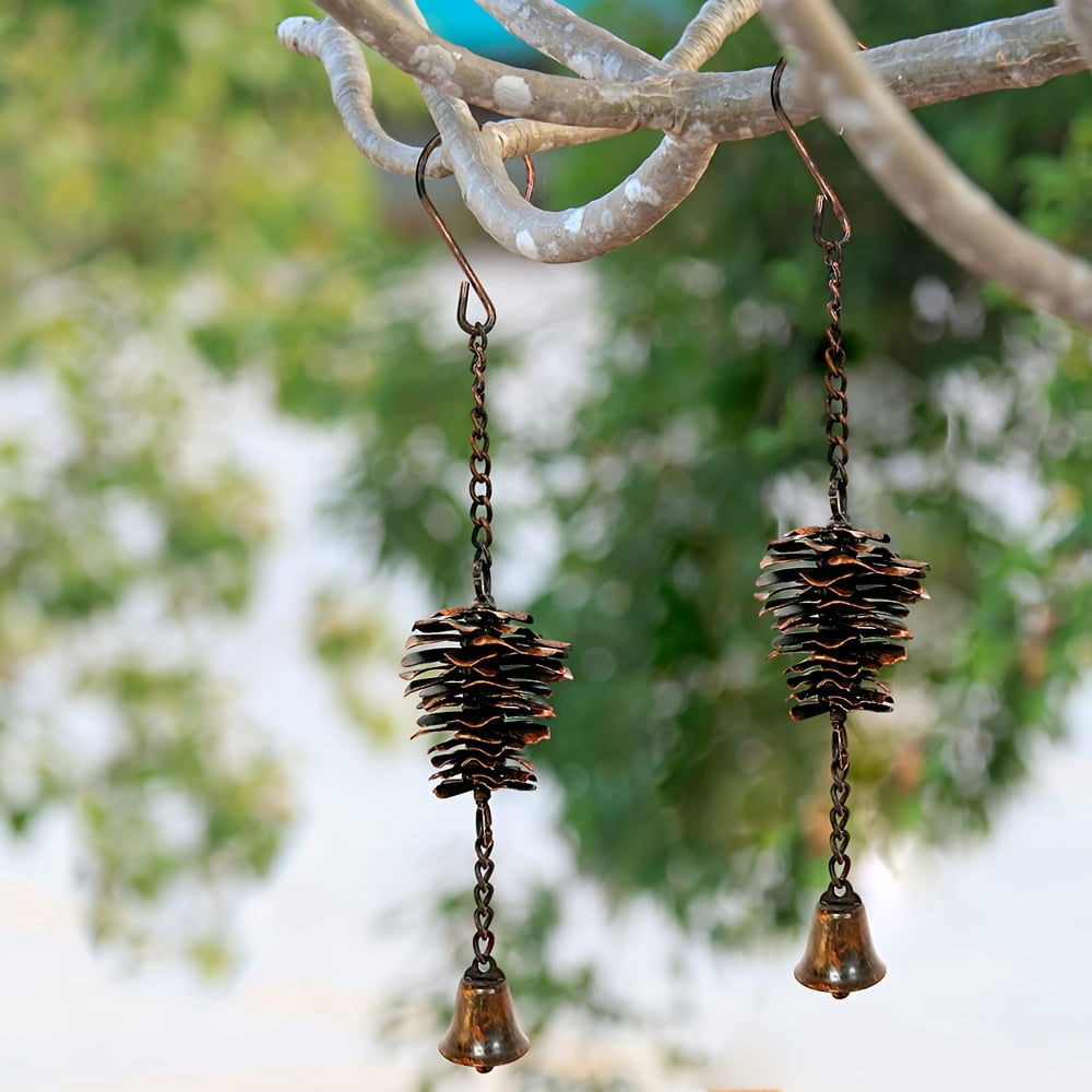 2 Pcs Pine Cone Wind Chimes Outdoor Hanging Decor, Rustic Metal Pinecone Chime with Bells for Garden Patio Porch Decoration, Decorative Wind Chime Ornament for Spring Home Yard Balcony Gift