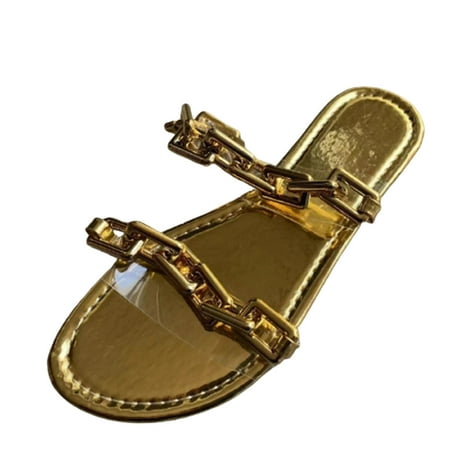 

asdoklhq Womens Slip On Shoes Under $15 Women s Casual Patent Leather Metal Chain Decorative Gold Flat Outer Sandals Slippers