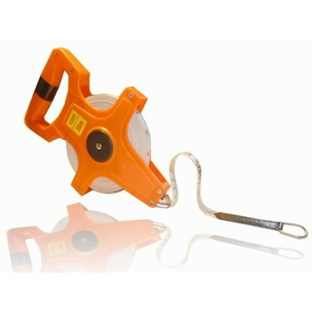 UPC: 0039593764501 | 100-foot fiberglass tape measure. bright hard plastic reel with a folding crank in 1/8  increments.