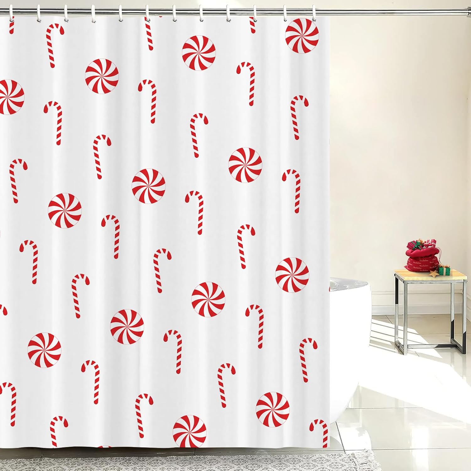 Christmas Shower Curtain Candy Cane Christmas Holiday Bathroom Shower Curtains for Bathtub Decoration with Hooks 72x72 Inch