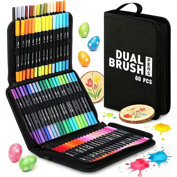 Dual Tip Brush Pens Art Markers, 60 Colors Coloring Markers Pens Set with Fine and Brush Tip fo Wood, Calligraphy, Canvas, Ceramic, Glass, Rock Painting, DIY Crafts Art Supplies Kit