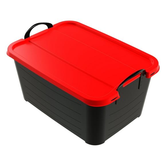 Life Story 55 Qt Stackable Storage Bin, Heavy Duty Lidded Container, Black/Red, 6 Pack