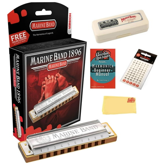 Hohner Marine Band 1896 Classic Harmonica - Key of C# Bundle with Case, Key Stickers, Instructional Manual, and Austin Bazaar Polishing Cloth