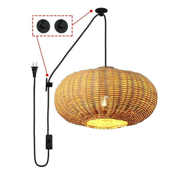 Injak Plug in Cord Bamboo Pendant Light for Kitchen Island, Modern Rattan Ceiling Hanging Wicker Lamp, Basket Chandelier Wall Light Fixture for Living Room Dining Room Restaurant (Pumpkin Lampshape)