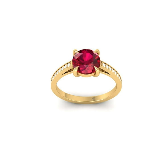 Round Cut Red Ruby and Moissanite Solitaire Engagement Ring with Accents for Women, 14K Yellow Gold Plated