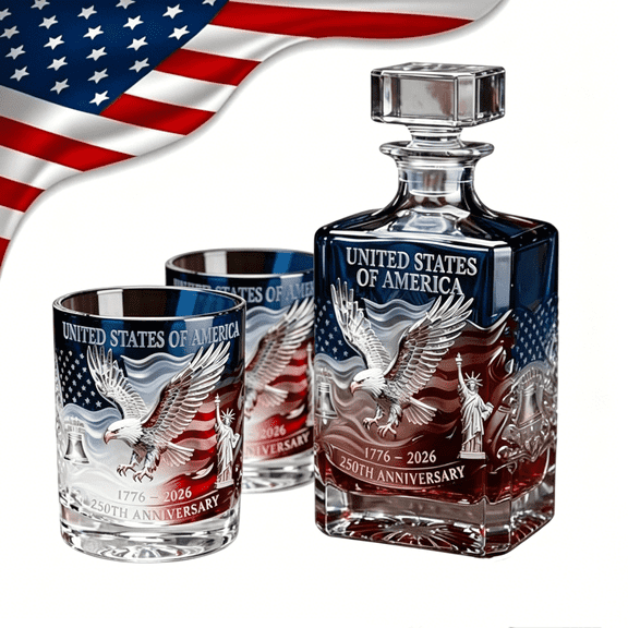 USA 250th Anniversary Heritage Whiskey Decanter Bottle & Glass Set, 4th of July Liquor Carafe for Scotch, Bourbon, Wine & Iced Spirits, Premium Father's Day Gift for Whiskey Lovers