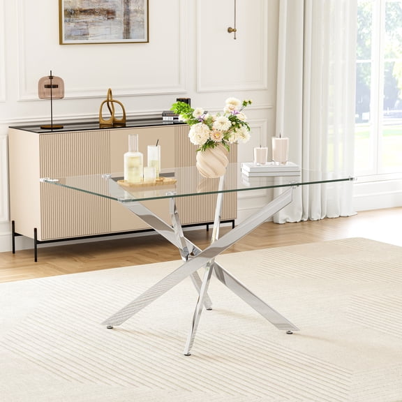 50" Rectangular Glass Dining Table for 4-6 People, Modern Tempered Glass Kitchen Table with Irregular Stainless Steel Legs, Dining Table for Small Space, Apartment, Home Office