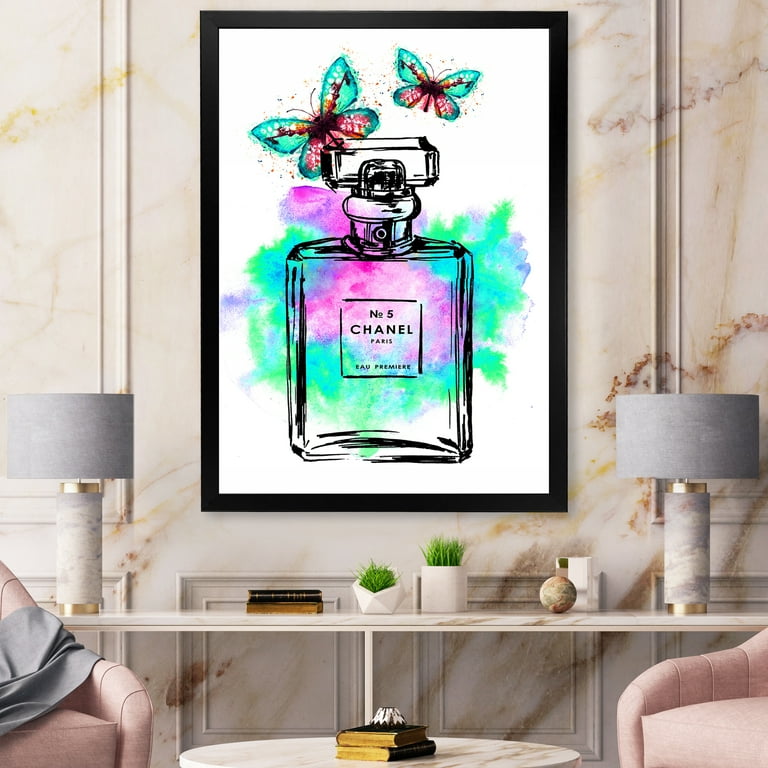Designart 'Perfume Chanel Five with Butterflies' Modern Framed Canvas Wall Art Print